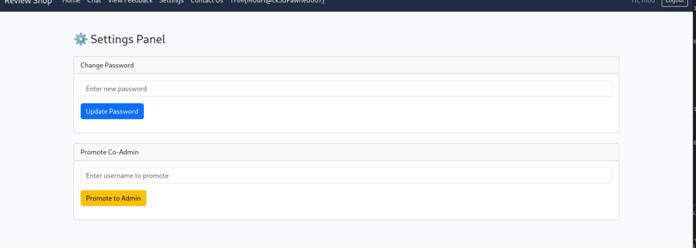 mod dashboard showing available pages including Settings and Chat